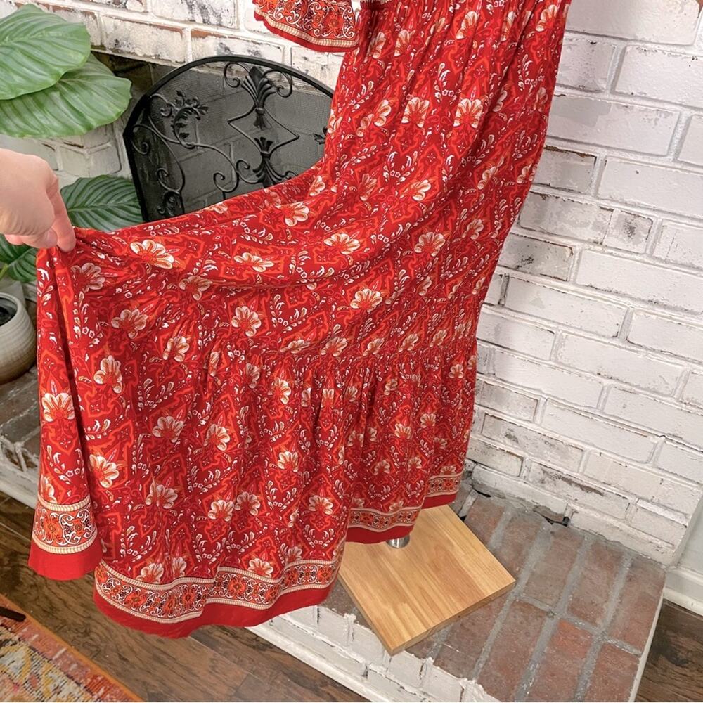 Red Bright Boho Floral Puff Shoulder Smocked Top Ruffle Hem Midi Dress L - Picture 5 of 9